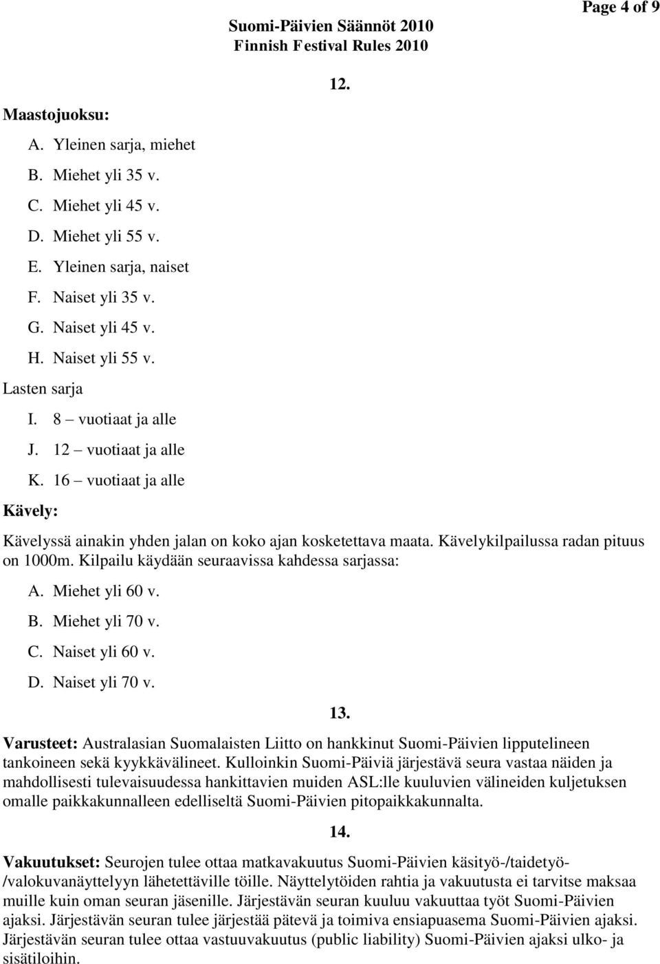 Kilpailu käydään seuraavissa kahdessa sarjassa: A. Miehet yli 60 v. B. Miehet yli 70 v. C. Naiset yli 60 v. D. Naiset yli 70 v.