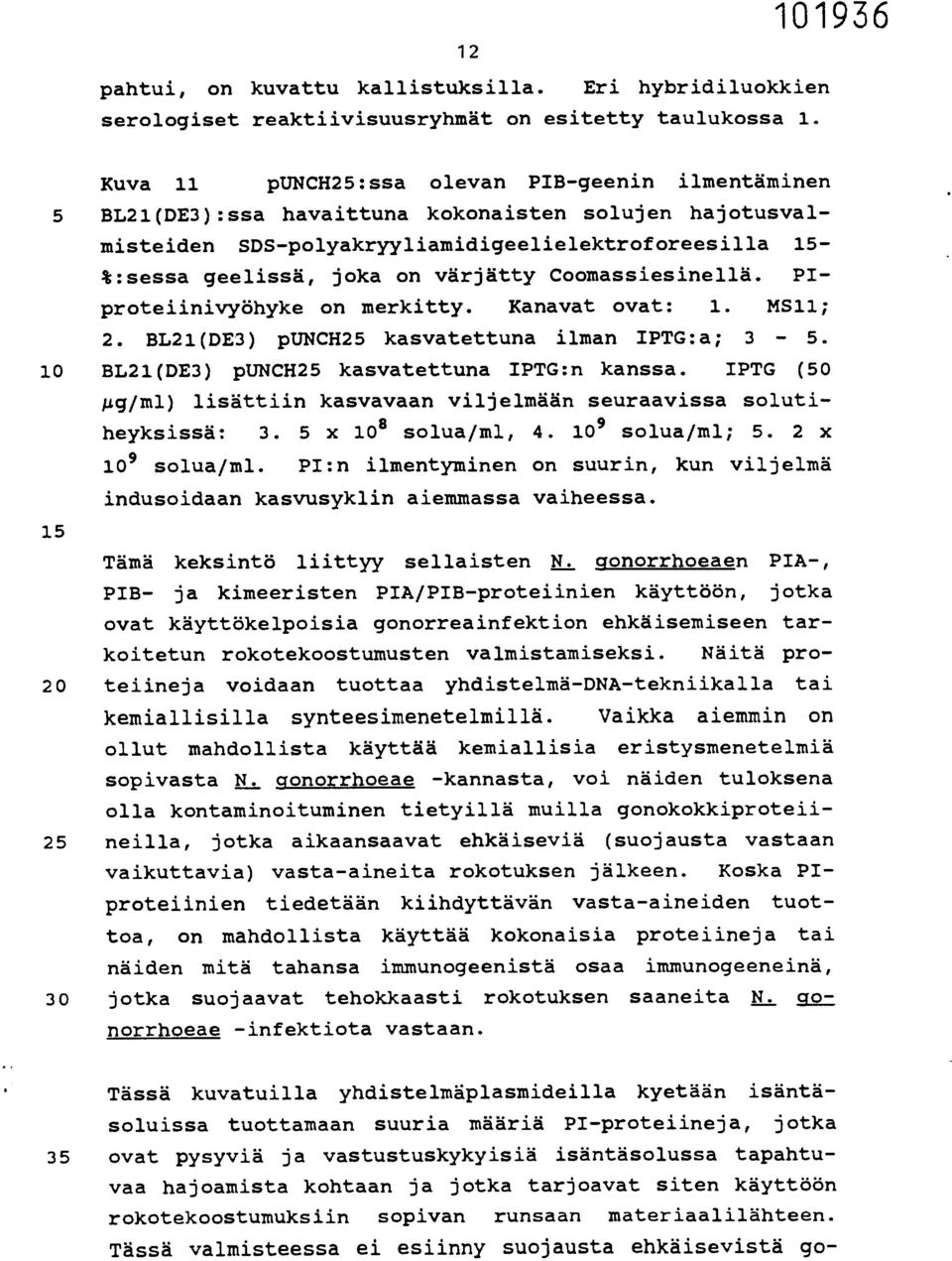 Coomassiesinellä. PIproteiinivyöhyke on merkitty. Kanavat ovat: 1. MS11; 2. BL21(DE3) punch25 kasvatettuna ilman IPTG:a; 3-5. 10 BL21(DE3) punch25 kasvatettuna IPTG:n kanssa.