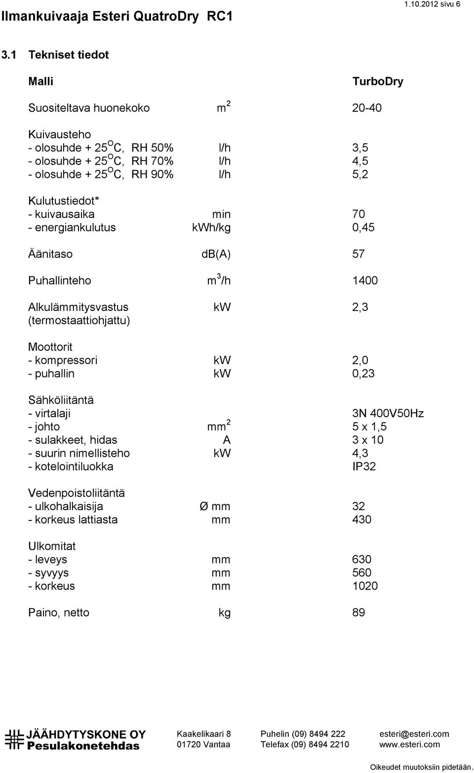 90% l/h 5,2 Kulutustiedot* - kuivausaika min 70 - energiankulutus kwh/kg 0,45 Äänitaso db(a) 57 Puhallinteho m 3 /h 1400 Alkulämmitysvastus kw 2,3 (termostaattiohjattu)