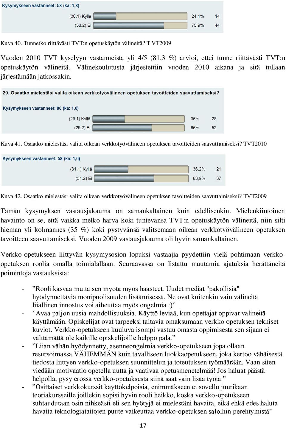 TVT2010 Kuva 42. Osaatko mielestäsi valita oikean verkkotyövälineen opetuksen tavoitteiden saavuttamiseksi? TVT2009 Tämän kysymyksen vastausjakauma on samankaltainen kuin edellisenkin.
