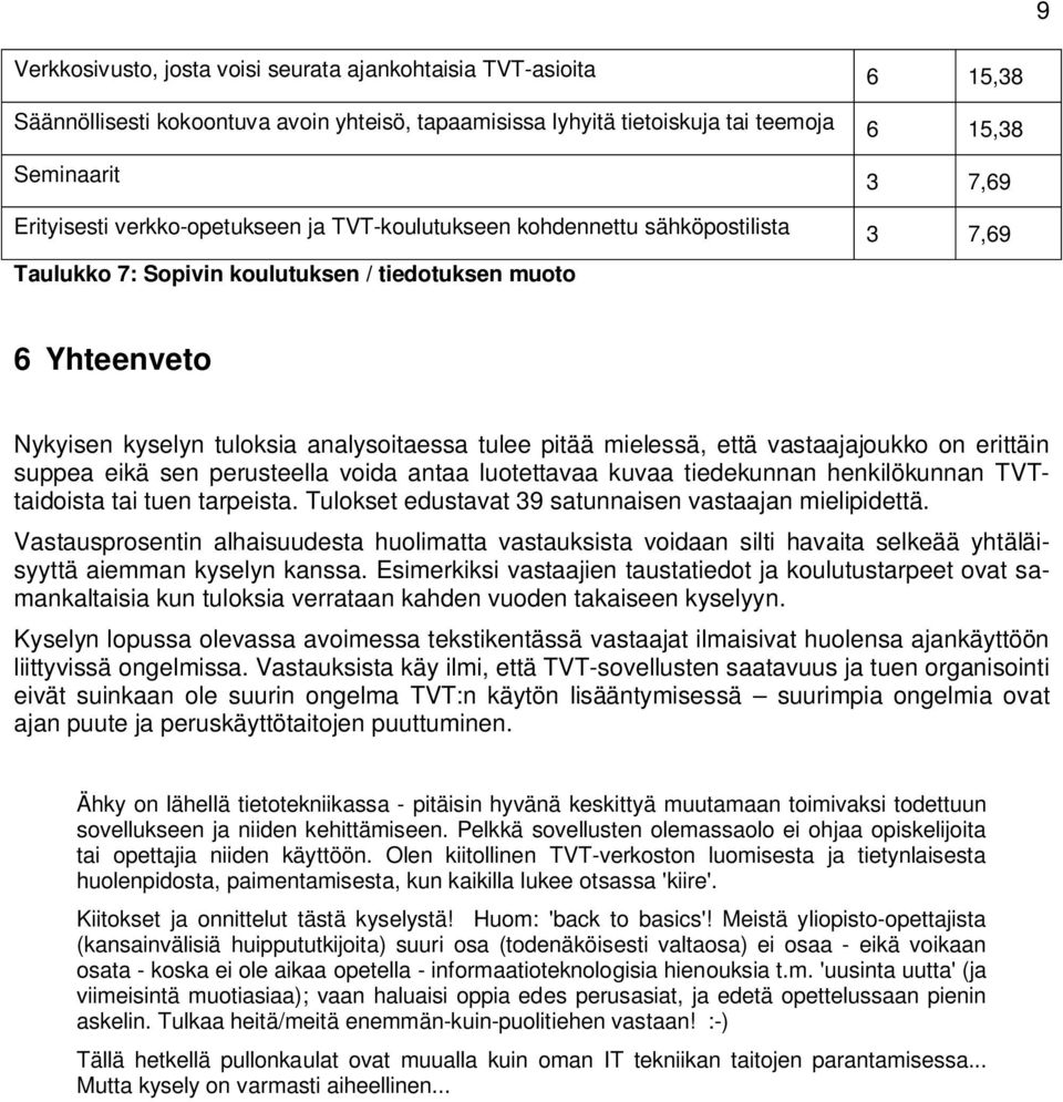 mielessä, että vastaajajoukko on erittäin suppea eikä sen perusteella voida antaa luotettavaa kuvaa tiedekunnan henkilökunnan TVTtaidoista tai tuen tarpeista.