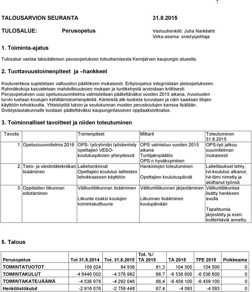 Tuottavuustoimenpiteet ja hankkeet Kouluverkkoa supistetaan valtuuston päätöksen mukaisesti. Erityisopetus integroidaan yleisopetukseen.