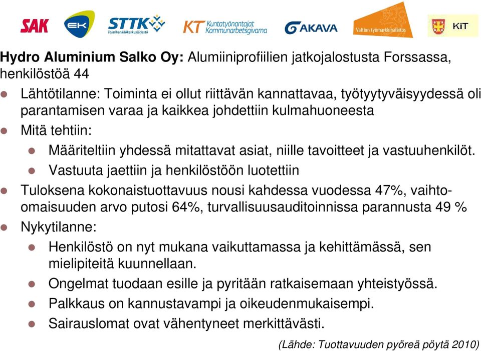 Vastuuta jaettiin ja henkilöstöön luotettiin Tuloksena kokonaistuottavuus nousi kahdessa vuodessa 47%, vaihtoomaisuuden arvo putosi 64%, turvallisuusauditoinnissa parannusta 49 % Nykytilanne: