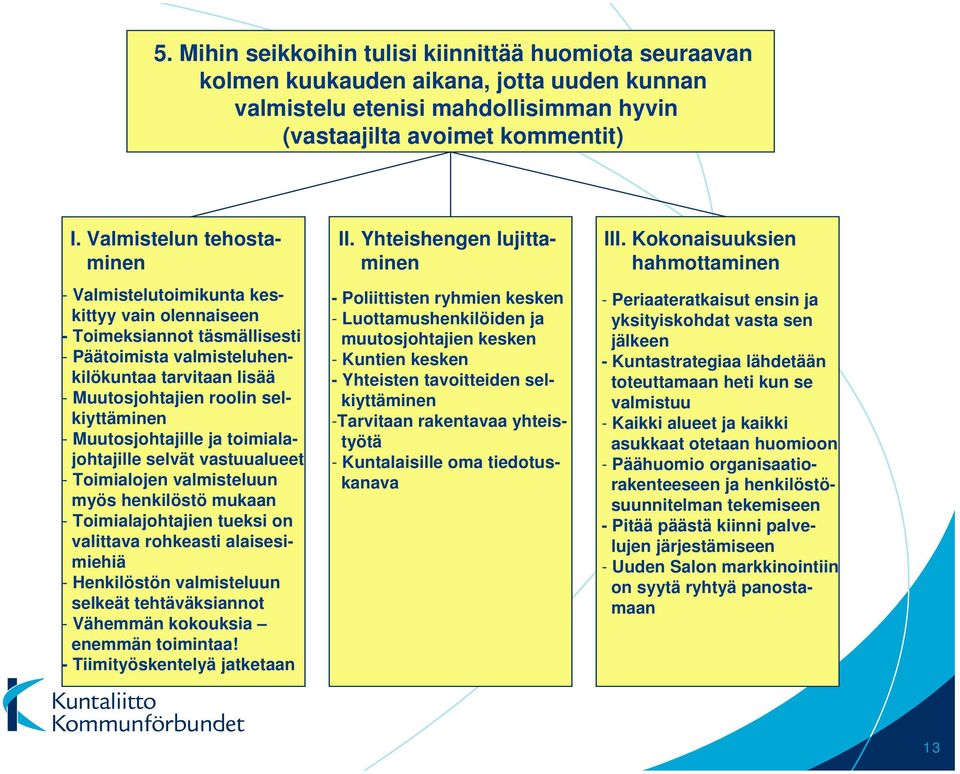 - Muutosjohtajille ja toimialajohtajille selvät vastuualueet - Toimialojen valmisteluun myös henkilöstö mukaan - Toimialajohtajien tueksi on valittava rohkeasti alaisesimiehiä - Henkilöstön