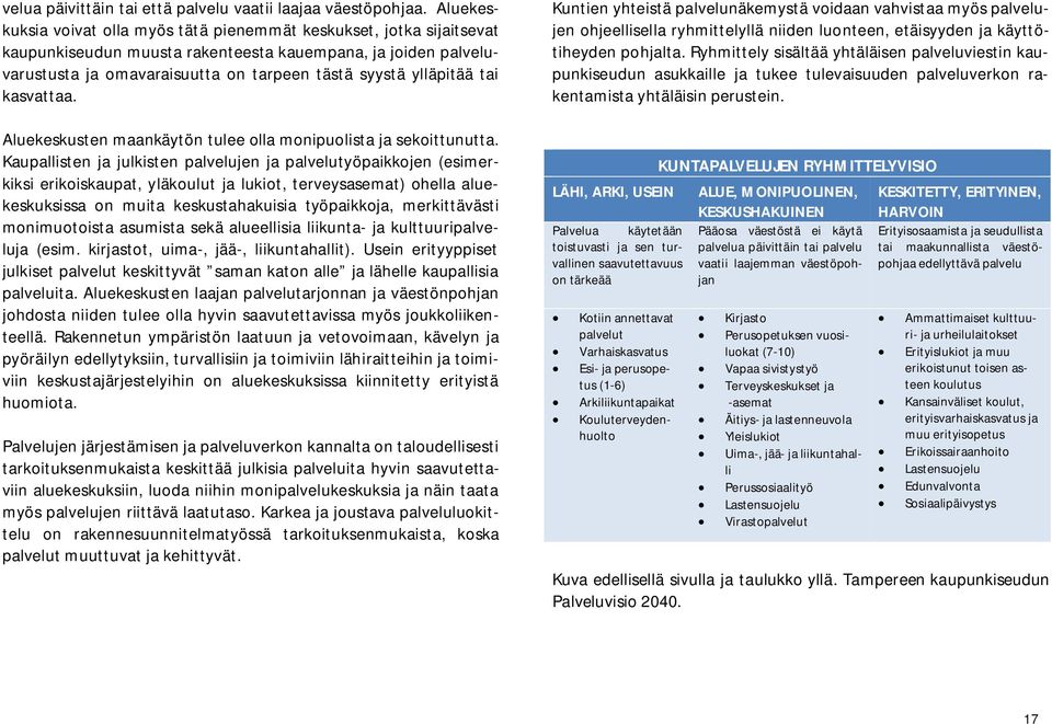 tai kasvattaa. Aluekeskusten maankäytön tulee olla monipuolista ja sekoittunutta.