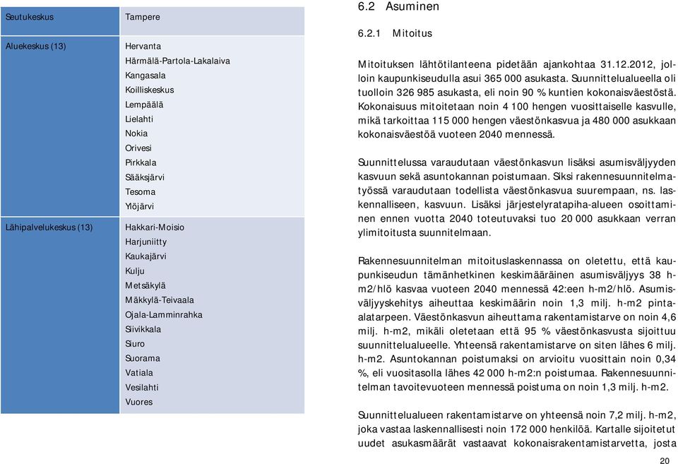 Asuminen 6.2.1 Mitoitus Mitoituksen lähtötilanteena pidetään ajankohtaa 31.12.2012, jolloin kaupunkiseudulla asui 365 000 asukasta.