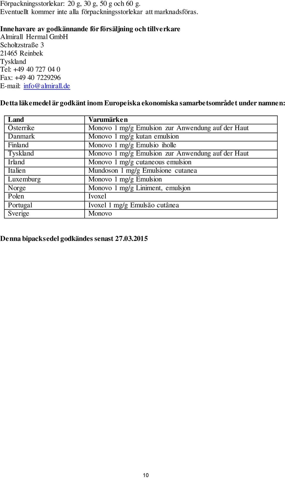 de Detta läkemedel är godkänt inom Europeiska ekonomiska samarbetsområdet under namnen: Land Österrike Danmark Finland Tyskland Irland Italien Luxemburg Norge Polen Portugal Sverige Varumärken Monovo