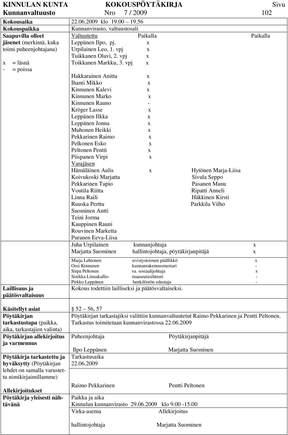 vpj Tuikkanen Olavi, 2. vpj = läsnä Toikkanen Markku, 3.