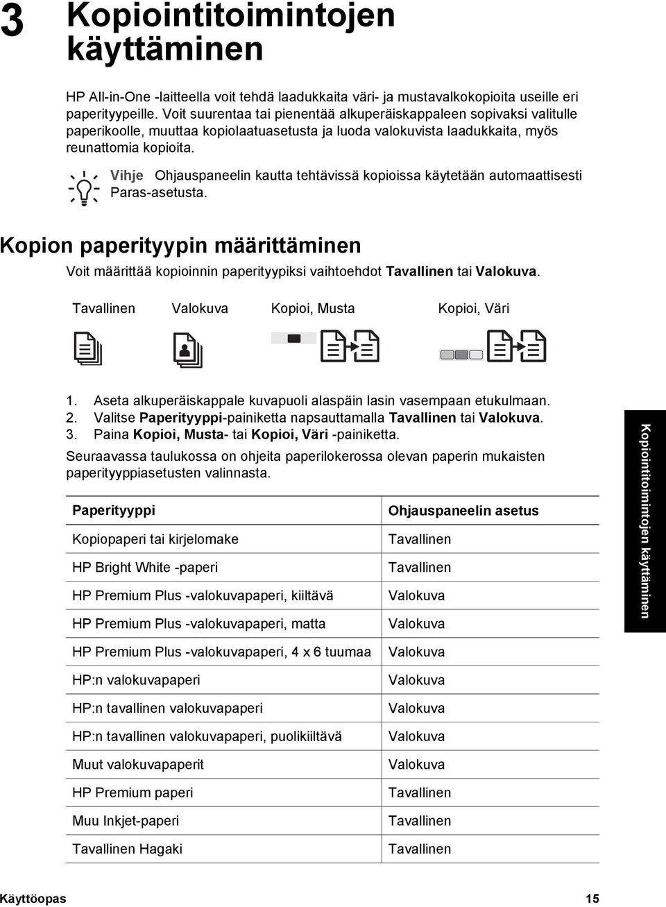 Vihje Ohjauspaneelin kautta tehtävissä kopioissa käytetään automaattisesti Paras-asetusta.