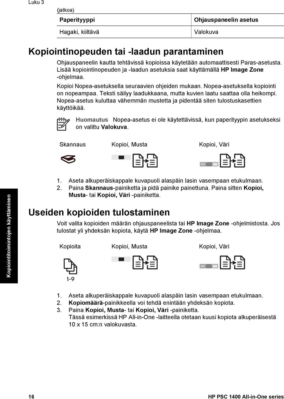 Teksti säilyy laadukkaana, mutta kuvien laatu saattaa olla heikompi. Nopea-asetus kuluttaa vähemmän mustetta ja pidentää siten tulostuskasettien käyttöikää.