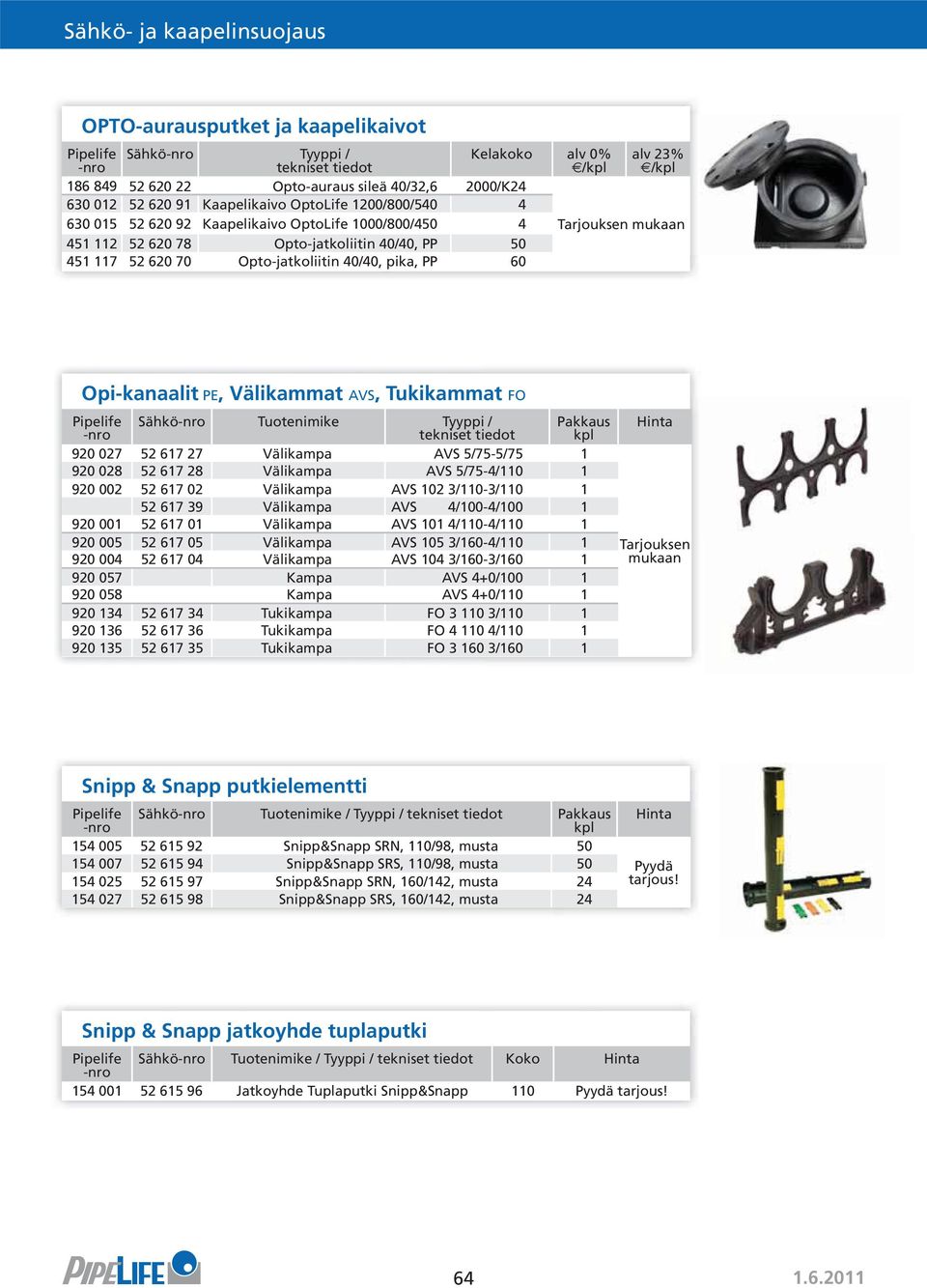 Opi-kanaalit PE, Välikammat AVS, Tukikammat FO Sähkö Tuotenimike Tyyppi / tekniset tiedot Pakkaus kpl 920 027 52 617 27 Välikampa AVS 5/75-5/75 1 920 028 52 617 28 Välikampa AVS 5/75-4/110 1 920 002