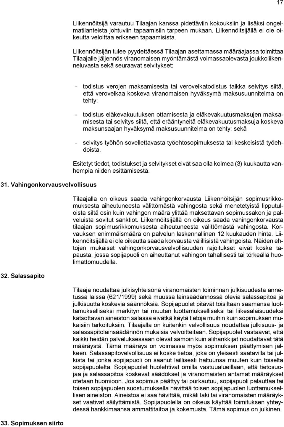 Vahingonkorvausvelvollisuus 32. Salassapito 33.