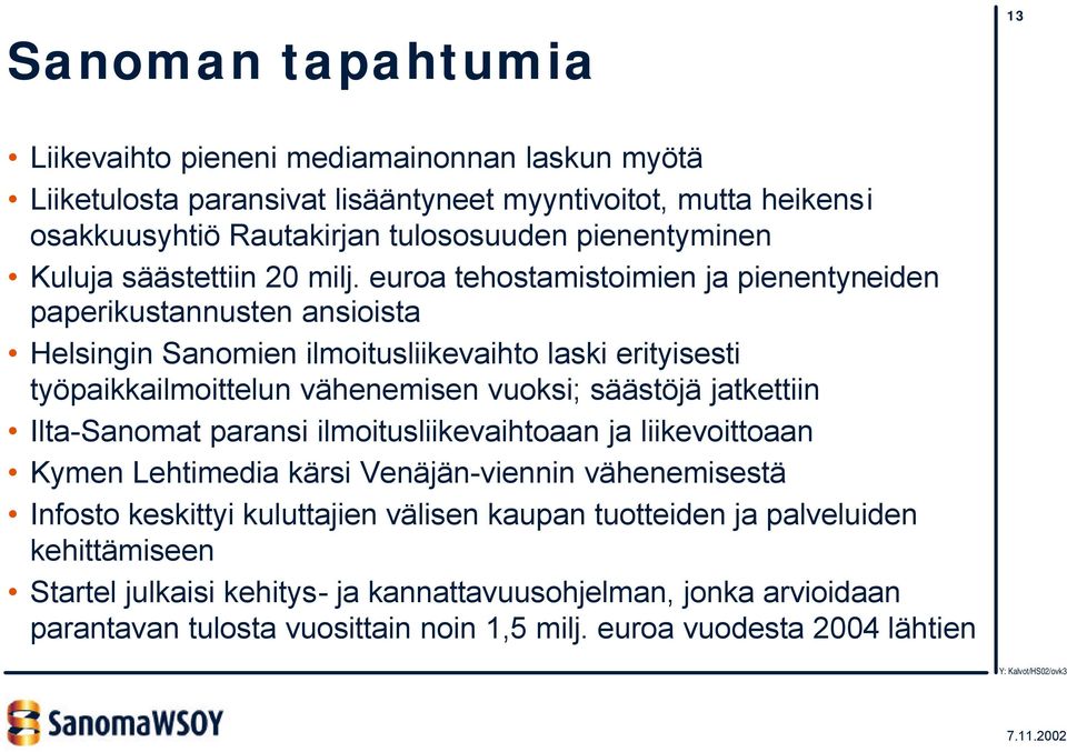 euroa tehostamistoimien ja pienentyneiden paperikustannusten ansioista Helsingin Sanomien ilmoitusliikevaihto laski erityisesti työpaikkailmoittelun vähenemisen vuoksi; säästöjä