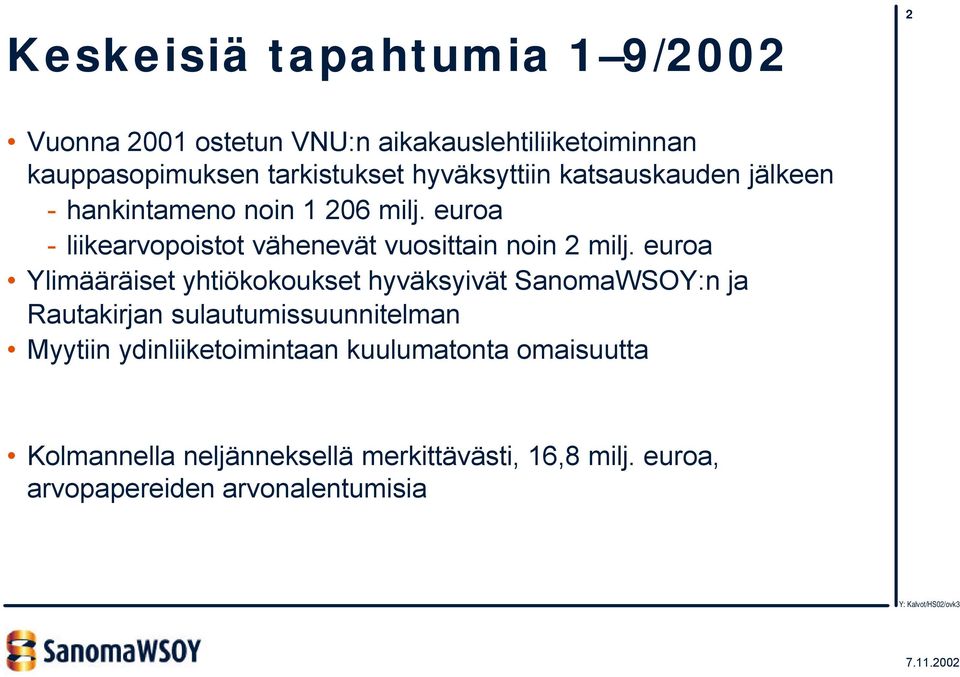 euroa - liikearvopoistot vähenevät vuosittain noin 2 milj.