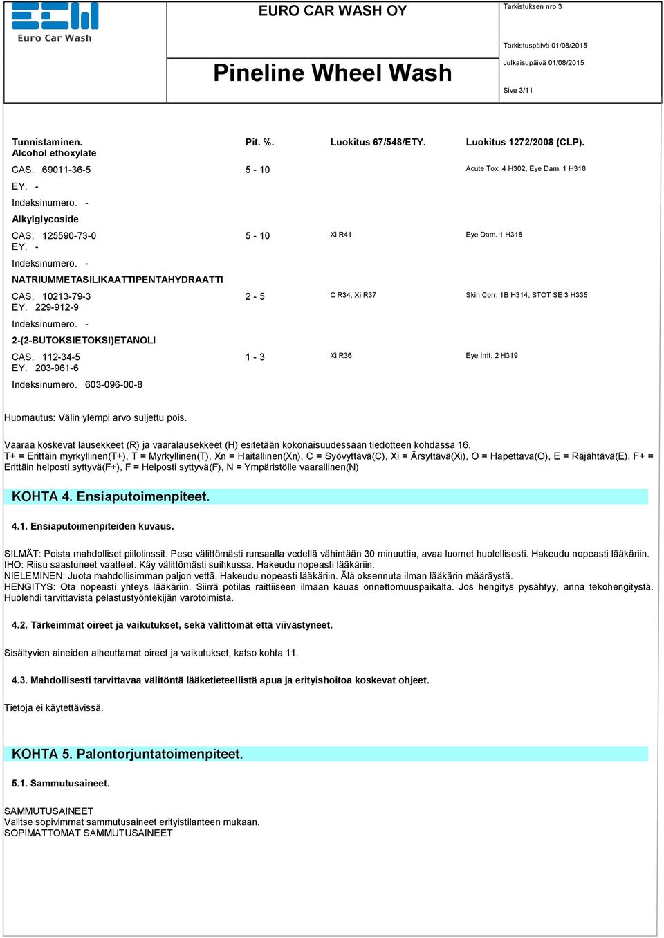 - 2-(2-BUTOKSIETOKSI)ETANOLI CAS. 112-34-5 1-3 Xi R36 Eye Irrit. 2 H319 EY. 203-961-6 Indeksinumero. 603-096-00-8 Huomautus: Välin ylempi arvo suljettu pois.