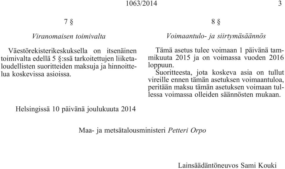 8 Voimaantulo- ja siirtymäsäännös Tämä asetus tulee voimaan 1 päivänä tammikuuta 2015 ja on voimassa vuoden 2016 loppuun.