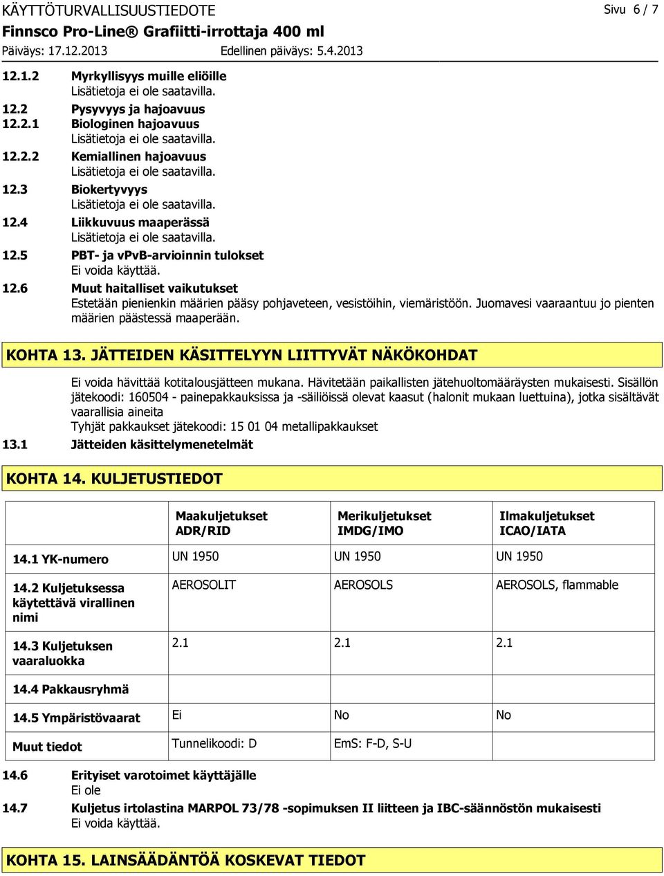 Juomavesi vaaraantuu jo pienten määrien päästessä maaperään. KOHTA 13. JÄTTEIDEN KÄSITTELYYN LIITTYVÄT NÄKÖKOHDAT Ei voida hävittää kotitalousjätteen mukana.