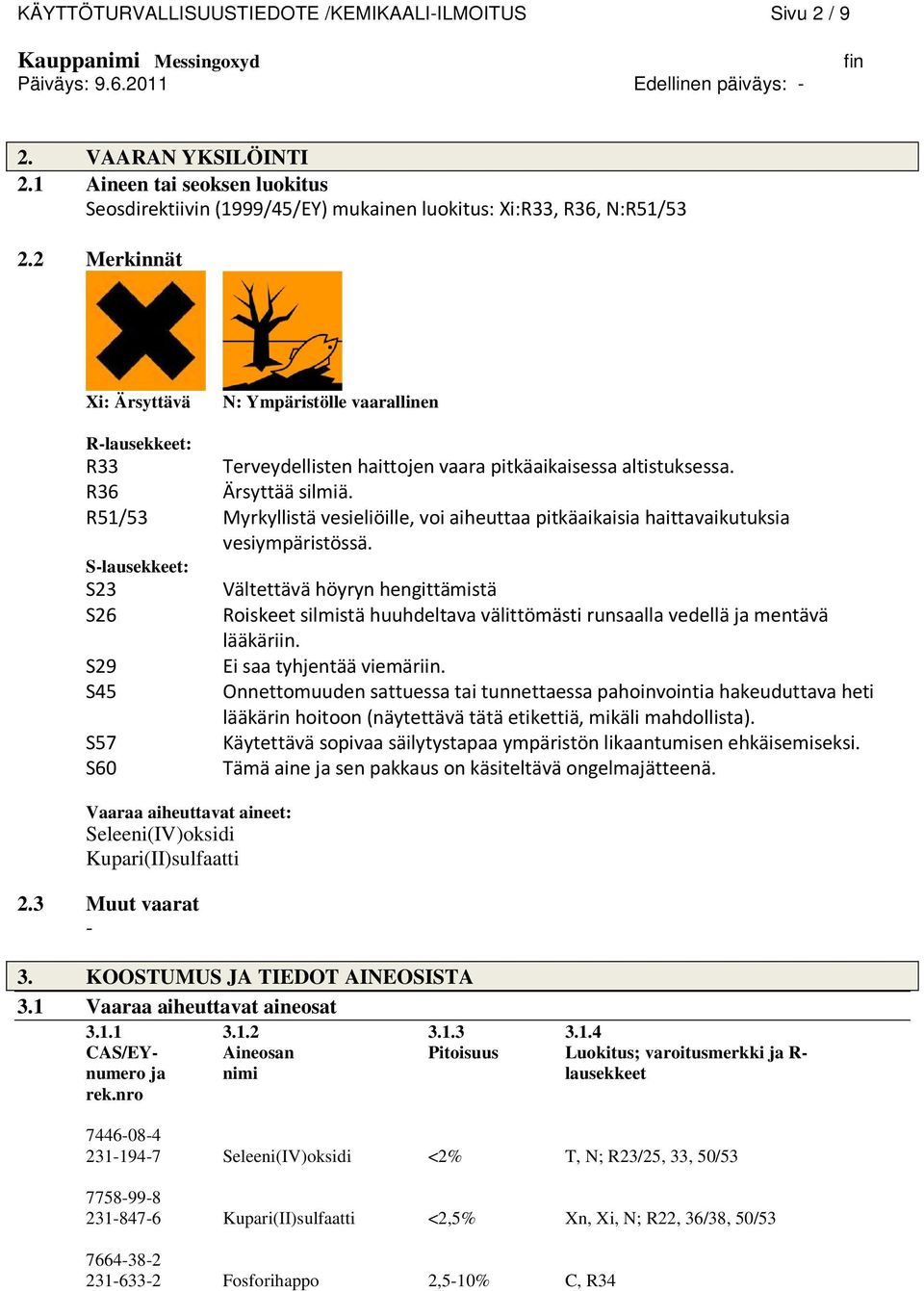 2 Merkinnät Xi: Ärsyttävä N: Ympäristölle vaarallinen Rlausekkeet: R33 Terveydellisten haittojen vaara pitkäaikaisessa altistuksessa. R36 Ärsyttää silmiä.