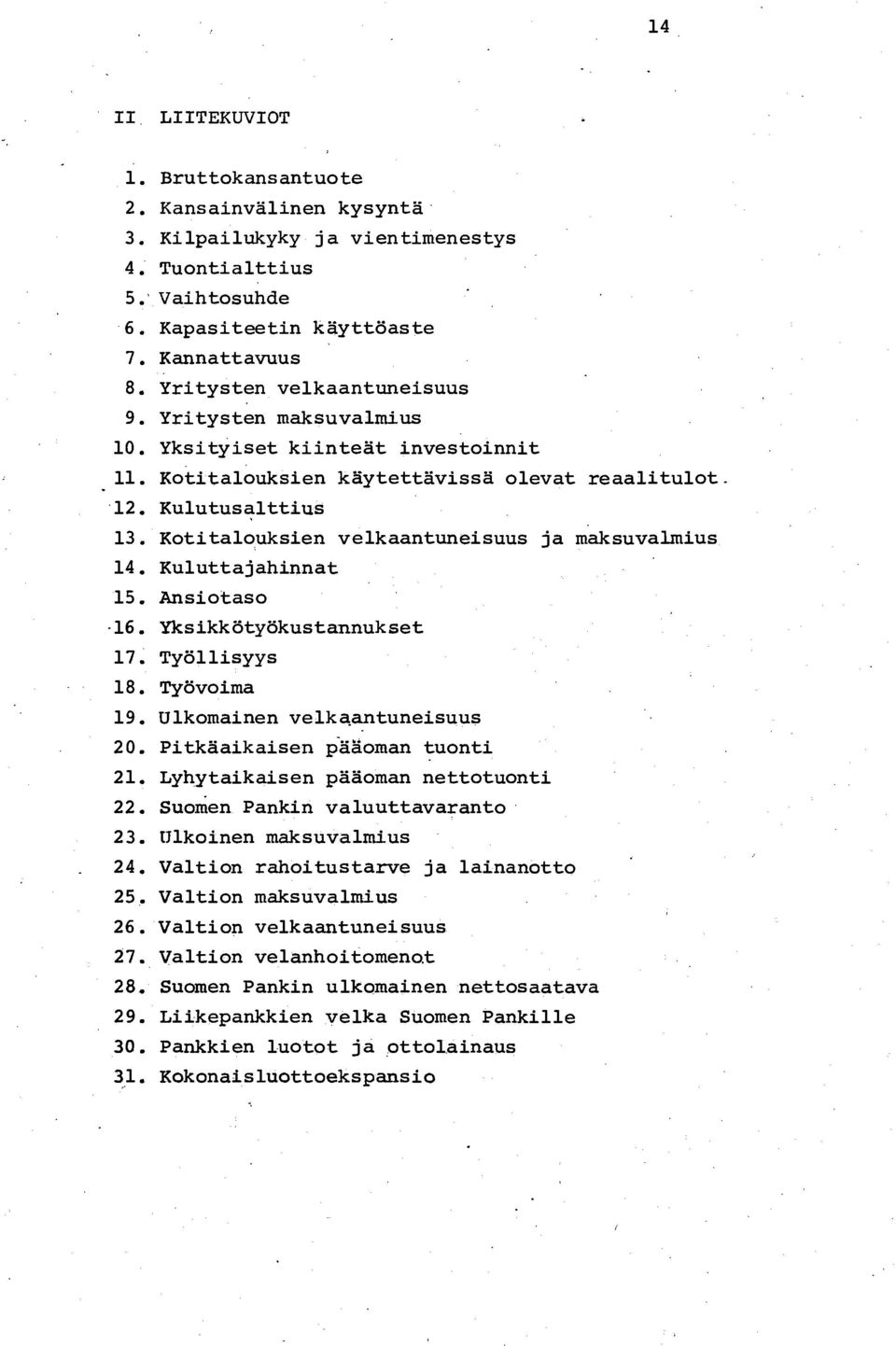 Kotitalouksien velkaantuneisuus ja maksuvalmius 14. Kuluttajahinnat 15. Ansiotaso 16. Yksikkötyökustannukset 17. Työllisyys 18. Työvoima 19. Ulkomainen velkantuneisuus 20.