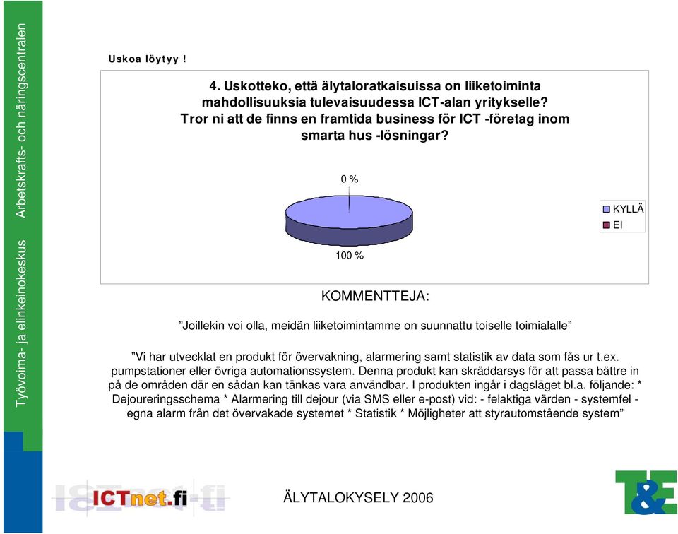 0 % 100 % Joillekin voi olla, meidän liiketoimintamme on suunnattu toiselle toimialalle Vi har utvecklat en produkt för övervakning, alarmering samt statistik av data som fås ur t.ex.