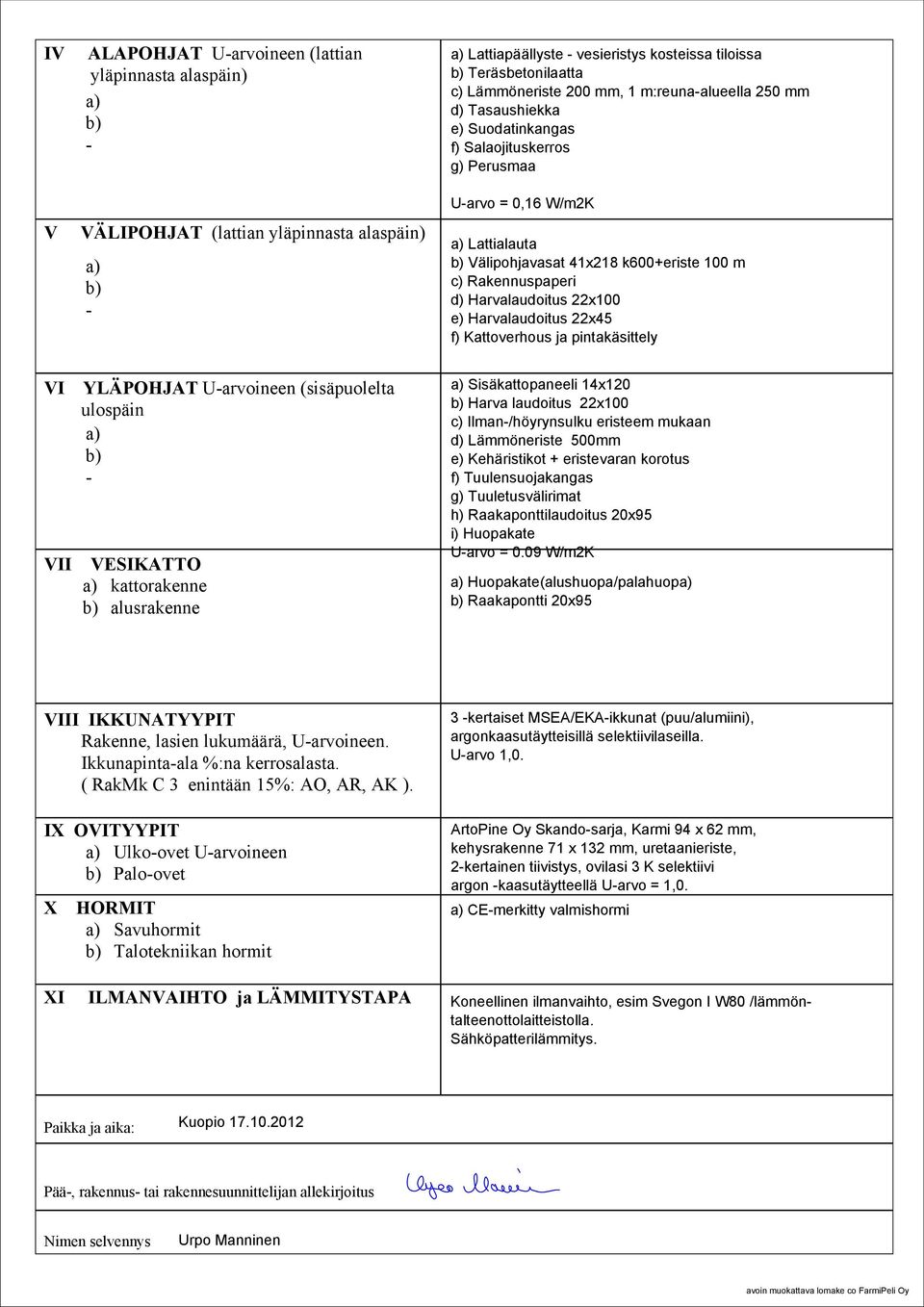 Harvalaudoitus 22x1 e) Harvalaudoitus 22x45 f) Kattoverhous ja pintakäsittely VI YLÄPOHJAT Uarvoineen (sisäpuolelta ulospäin a) b) VII VESIKATTO a) kattorakenne b) alusrakenne a) Sisäkattopaneeli