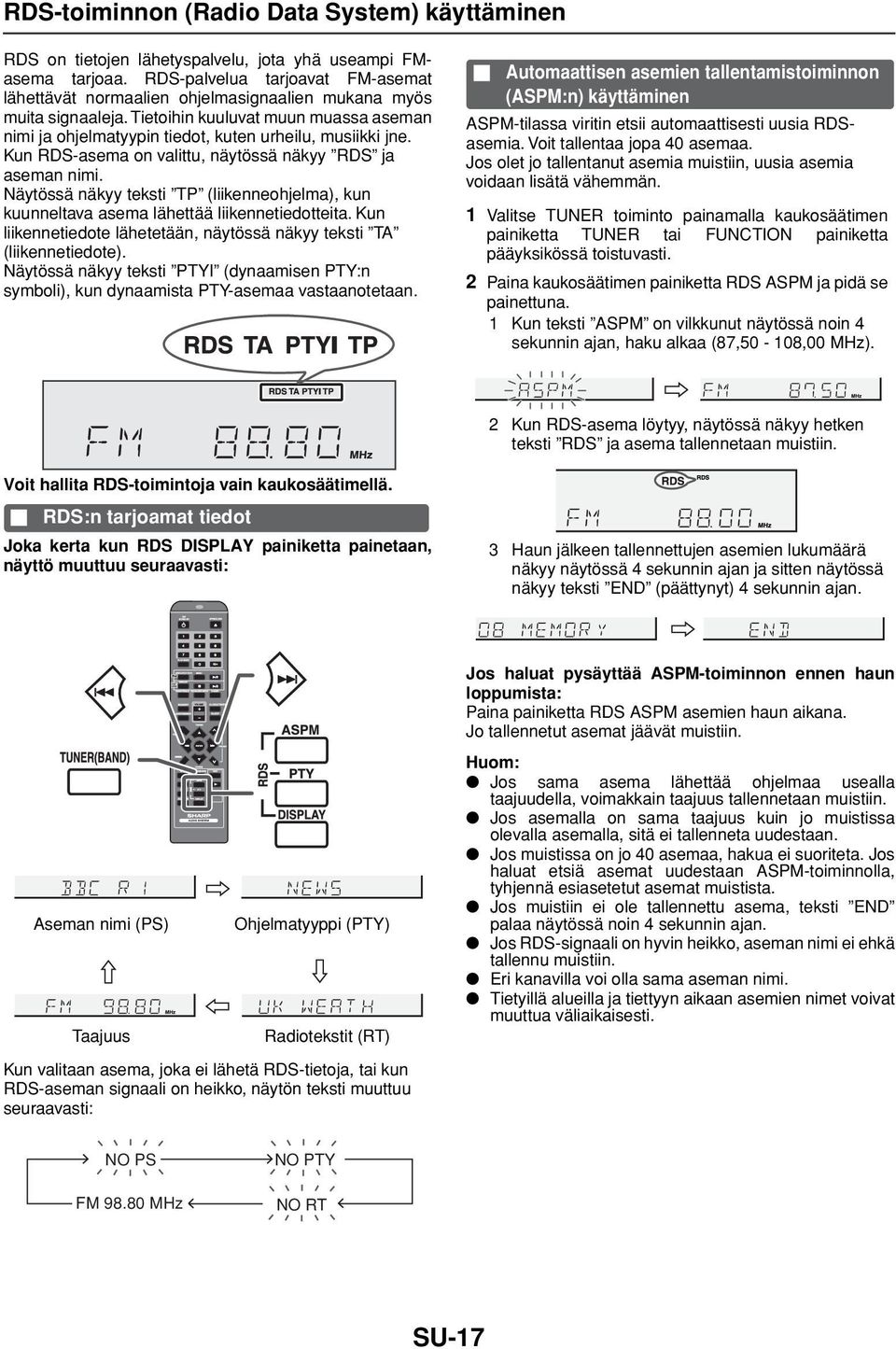 Kun RDS-asema on valittu, näytössä näkyy RDS ja aseman nimi. Näytössä näkyy teksti TP (liikenneohjelma), kun kuunneltava asema lähettää liikennetiedotteita.