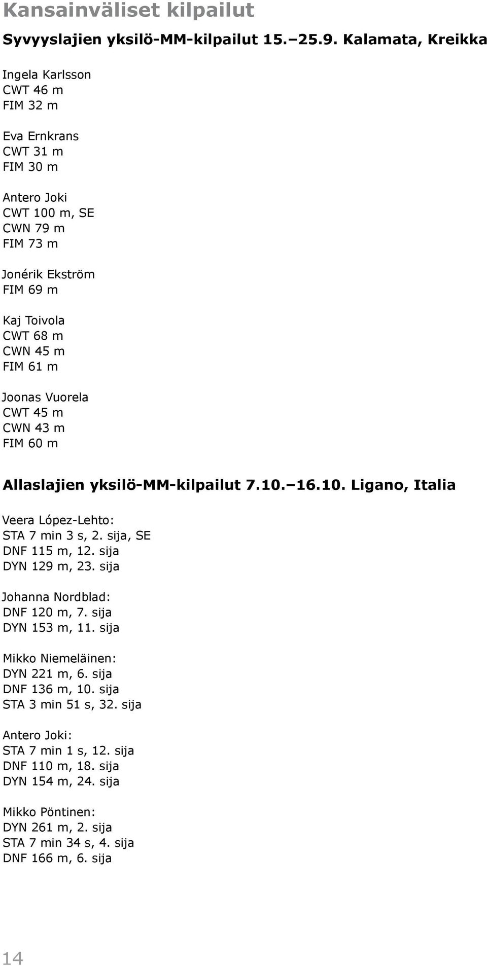 61 m Joonas Vuorela CWT 45 m CWN 43 m FIM 60 m Allaslajien yksilö-mm-kilpailut 7.10. 16.10. Ligano, Italia Veera López-Lehto: STA 7 min 3 s, 2. sija, SE DNF 115 m, 12.