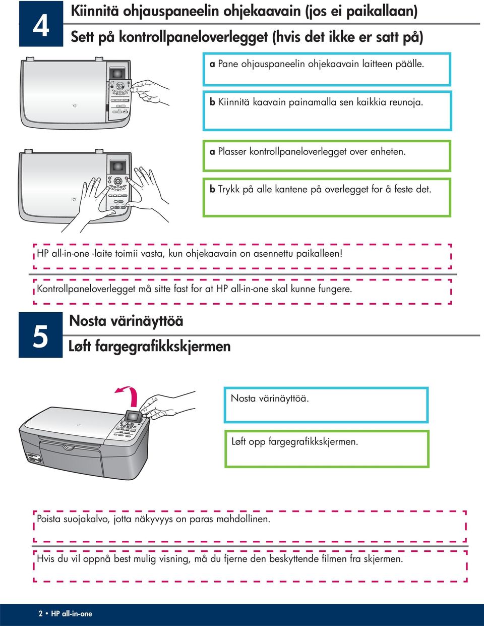 HP all-in-one -laite toimii vasta, kun ohjekaavain on asennettu paikalleen! Kontrollpaneloverlegget må sitte fast for at HP all-in-one skal kunne fungere.