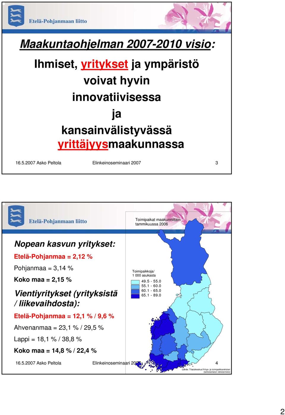 % Vientiyritykset (yrityksistä / liikevaihdosta): Etelä-Pohjanmaa = 12,1 % / 9,6 % Ahvenanmaa = 23,1 % / 29,5 % Lappi = 18,1 % / 38,8 % Koko maa = 14,8 % / 22,4 %