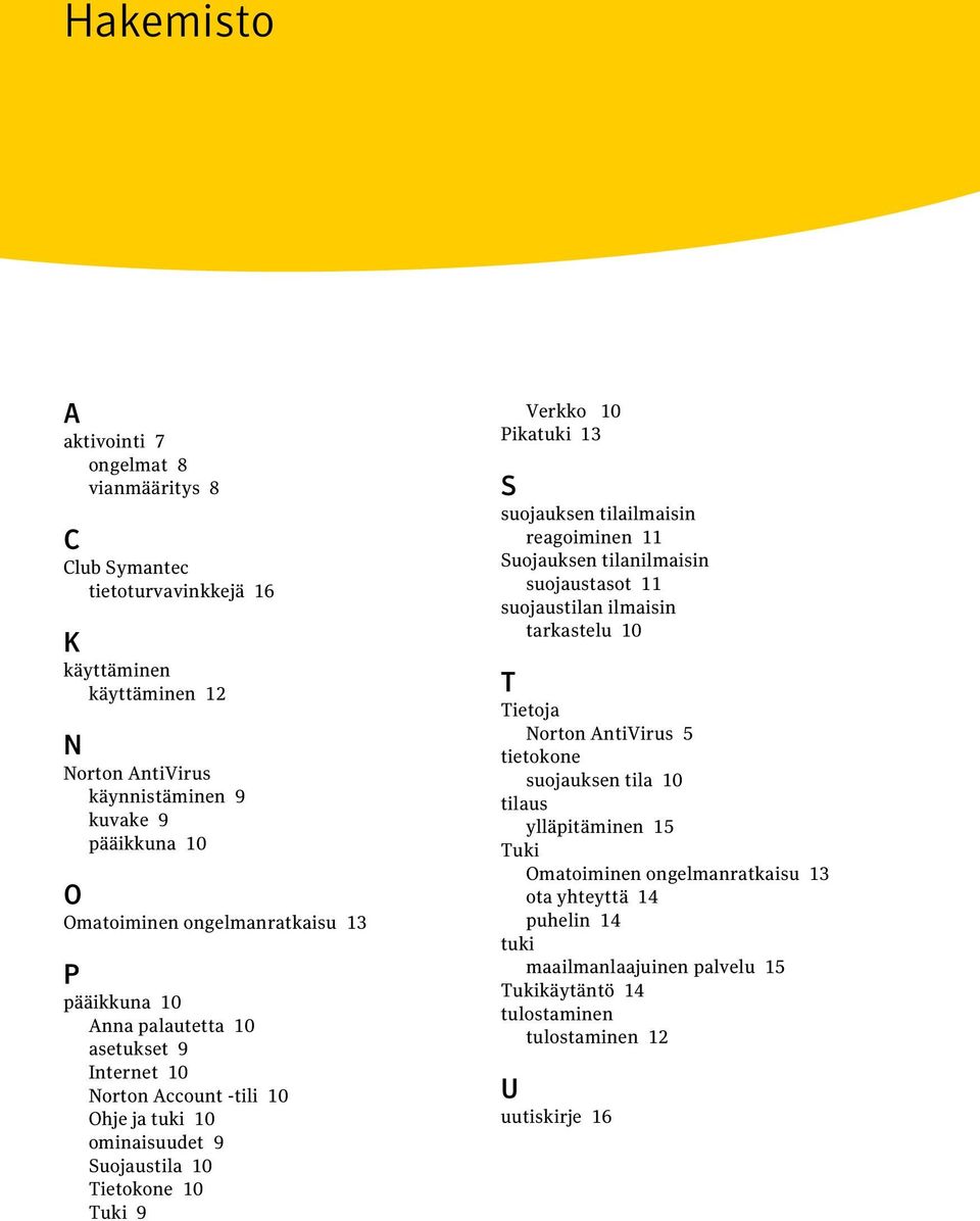 Verkko 10 Pikatuki 13 S suojauksen tilailmaisin reagoiminen 11 Suojauksen tilanilmaisin suojaustasot 11 suojaustilan ilmaisin tarkastelu 10 T Tietoja Norton AntiVirus 5 tietokone