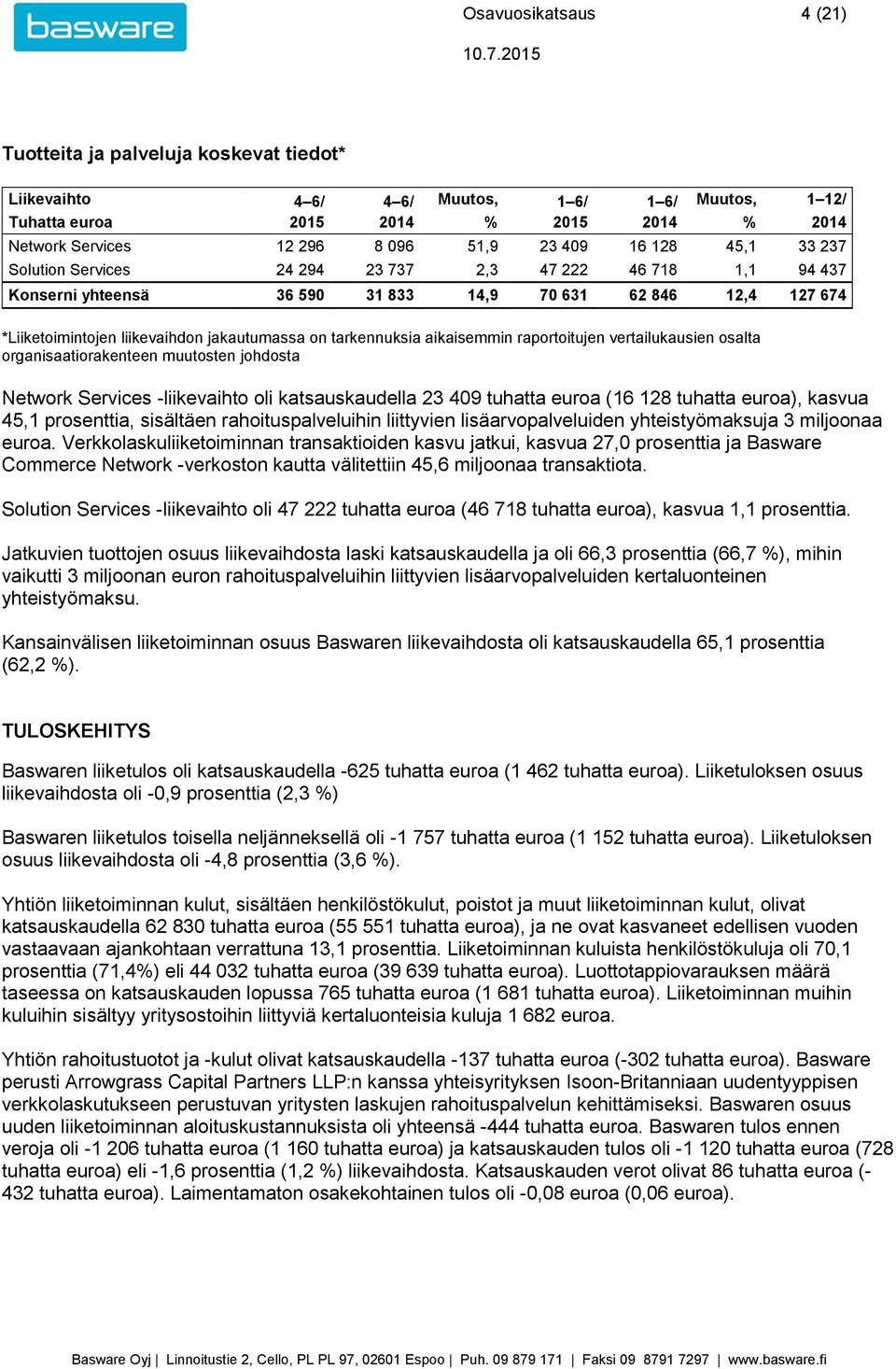 tarkennuksia aikaisemmin raportoitujen vertailukausien osalta organisaatiorakenteen muutosten johdosta Network Services -liikevaihto oli katsauskaudella 23 409 tuhatta euroa (16 128 tuhatta euroa),