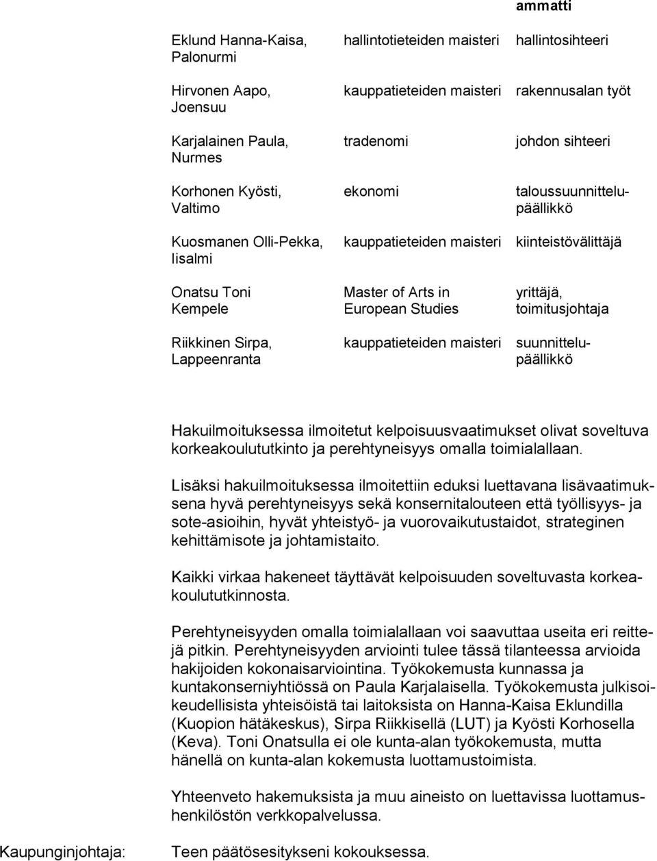 Studies toimitusjohtaja Riikkinen Sirpa, Lappeenranta kauppatieteiden maisteri suunnittelupäällikkö Hakuilmoituksessa ilmoitetut kelpoisuusvaatimukset olivat so vel tu va korkeakoulututkinto ja