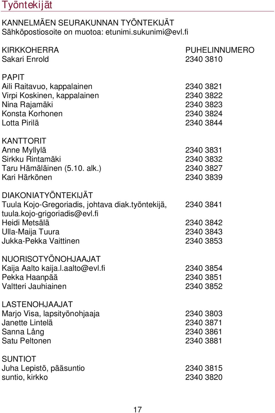 2340 3844 KANTTORIT Anne Myllylä 2340 3831 Sirkku Rintamäki 2340 3832 Taru Hämäläinen (5.10. alk.) 2340 3827 Kari Härkönen 2340 3839 DIAKONIATYÖNTEKIJÄT Tuula Kojo-Gregoriadis, johtava diak.