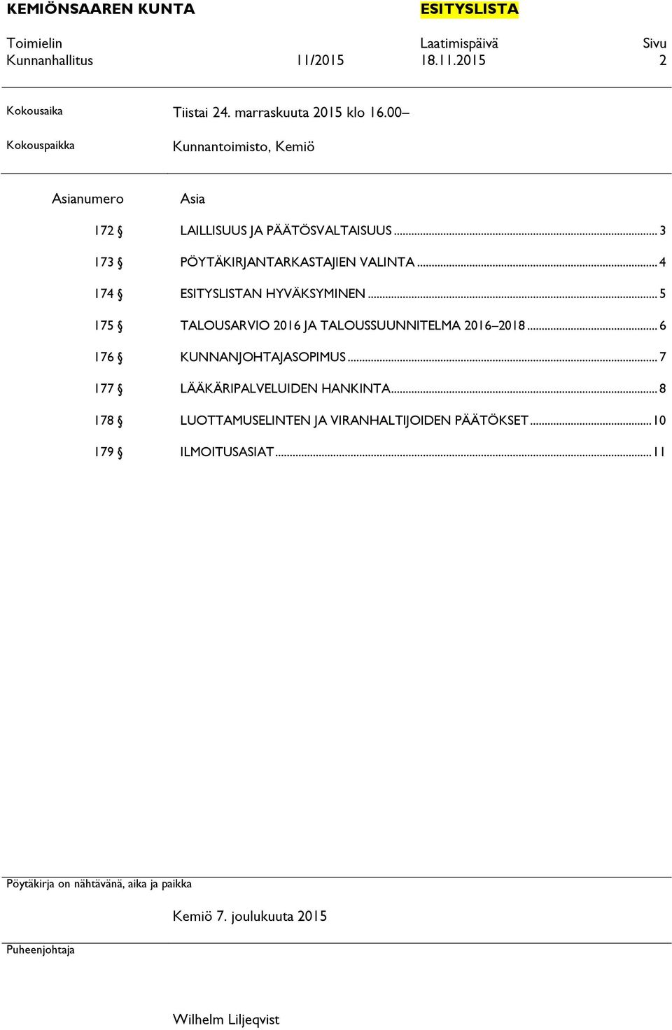 .. 4 174 ESITYSLISTAN HYVÄKSYMINEN... 5 175 TALOUSARVIO 2016 JA TALOUSSUUNNITELMA 2016 2018... 6 176 KUNNANJOHTAJASOPIMUS.