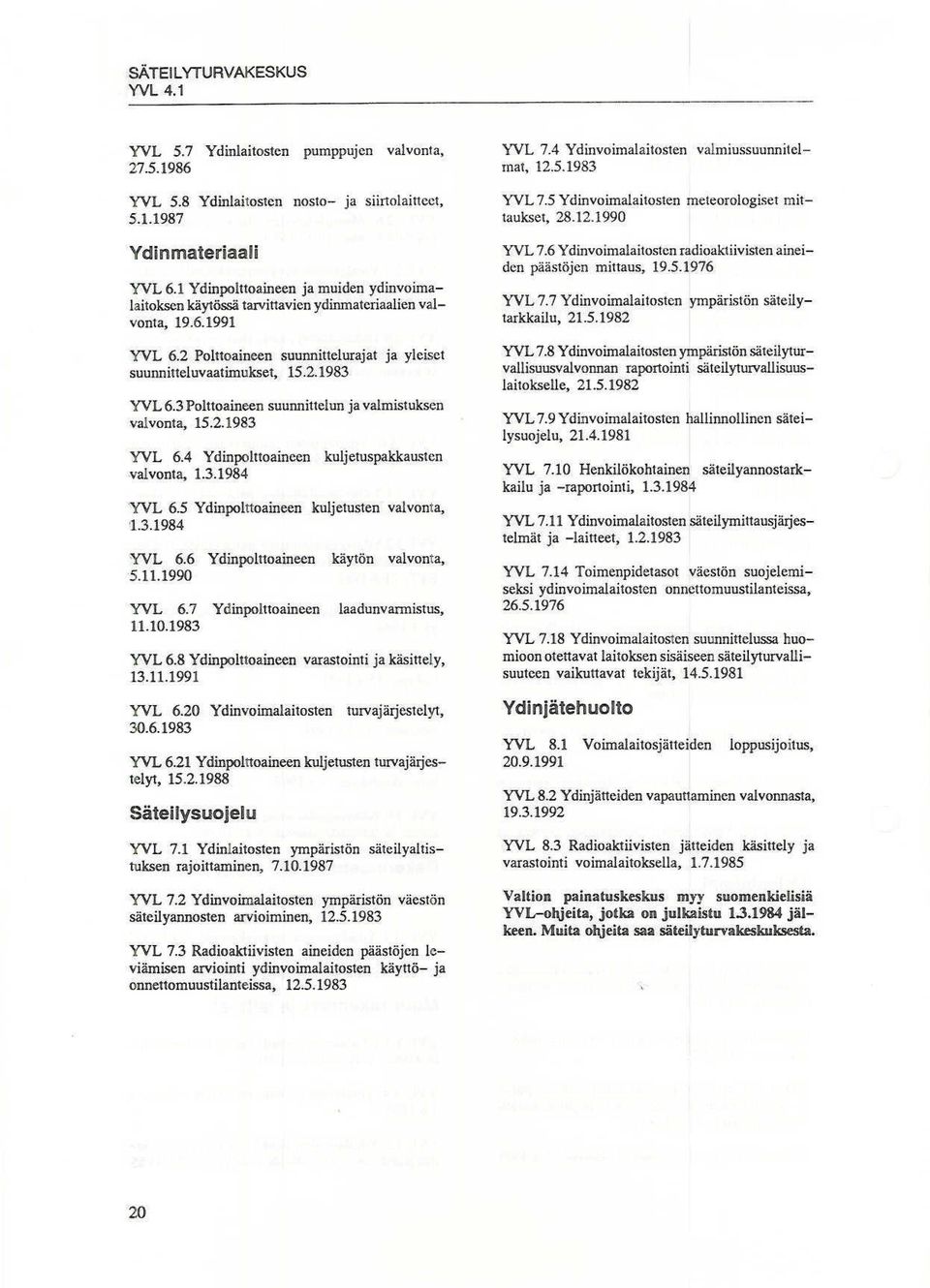 3 Polttoaineen suunnittelun ja valmistuksen valvonta, 15.2.1983 YVL 6.4 Ydinpolttoaineen kuljetuspakkall~tcn valvonta. 1.3.1984 'YVL 6.5 Ydinpolttoaineen kuljetusten valvonta, '1.3.1984 'YVL 6.6 Ydinpolttoaineen käytön valvonta, 5.