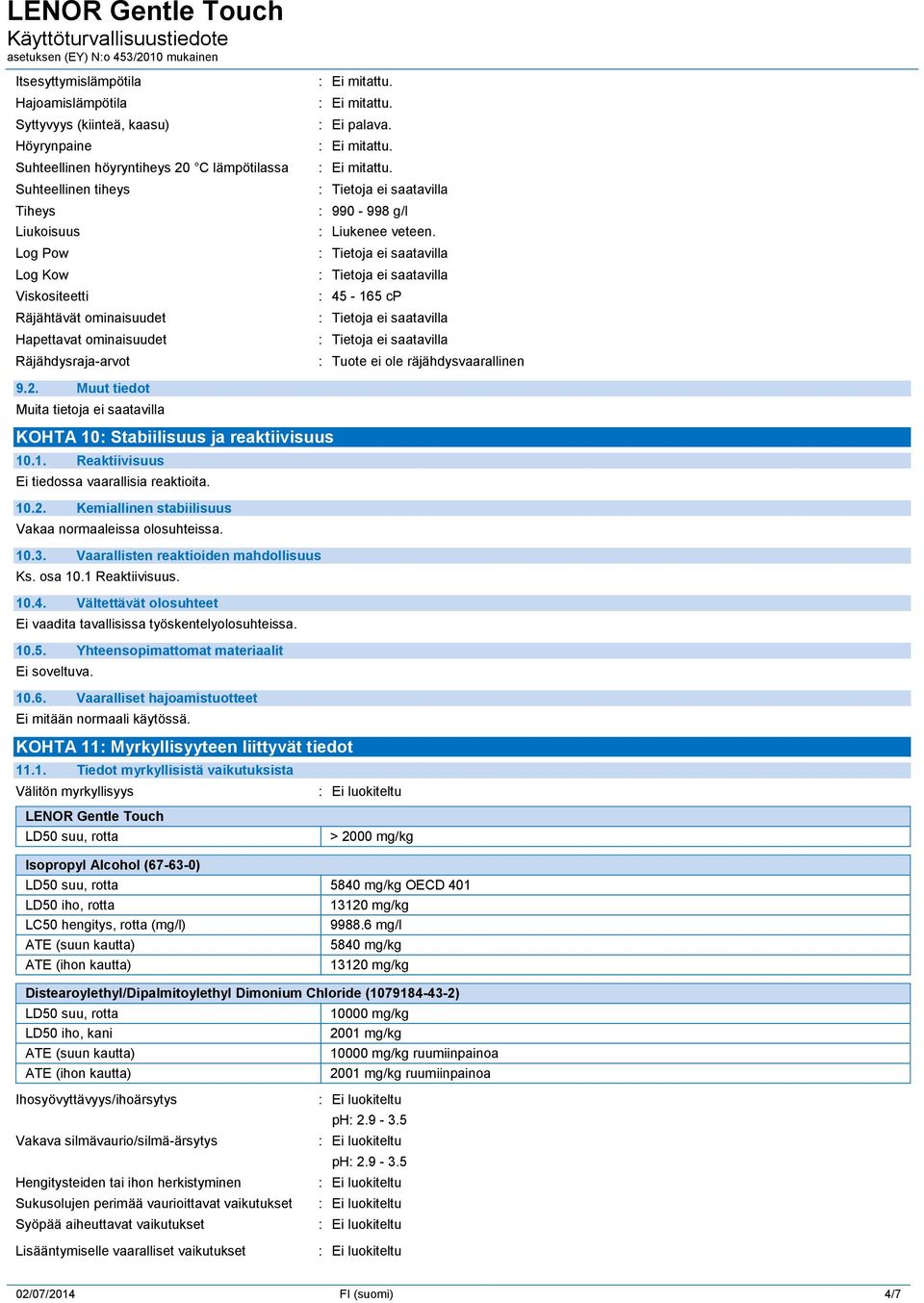 Muut tiedot KOHTA 10: Stabiilisuus ja reaktiivisuus 10.1. Reaktiivisuus Ei tiedossa vaarallisia reaktioita. 10.2. Kemiallinen stabiilisuus Vakaa normaaleissa olosuhteissa. 10.3.