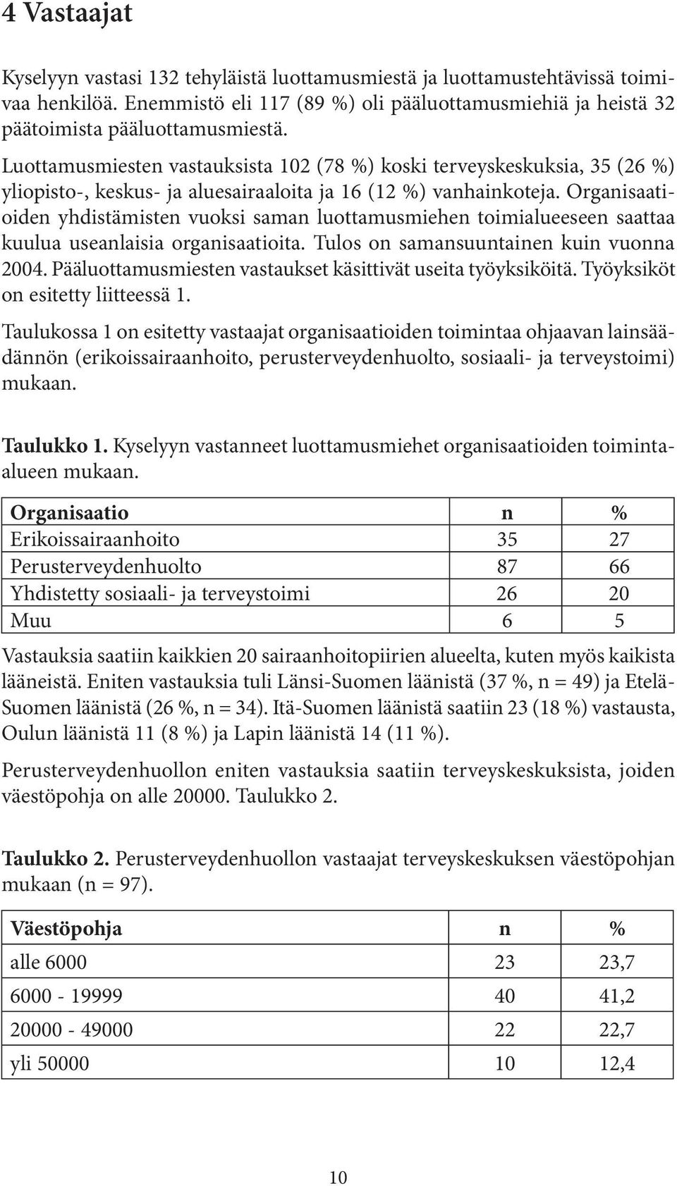 Organisaatioiden yhdistämisten vuoksi saman luottamusmiehen toimialueeseen saattaa kuulua useanlaisia organisaatioita. Tulos on samansuuntainen kuin vuonna 2004.