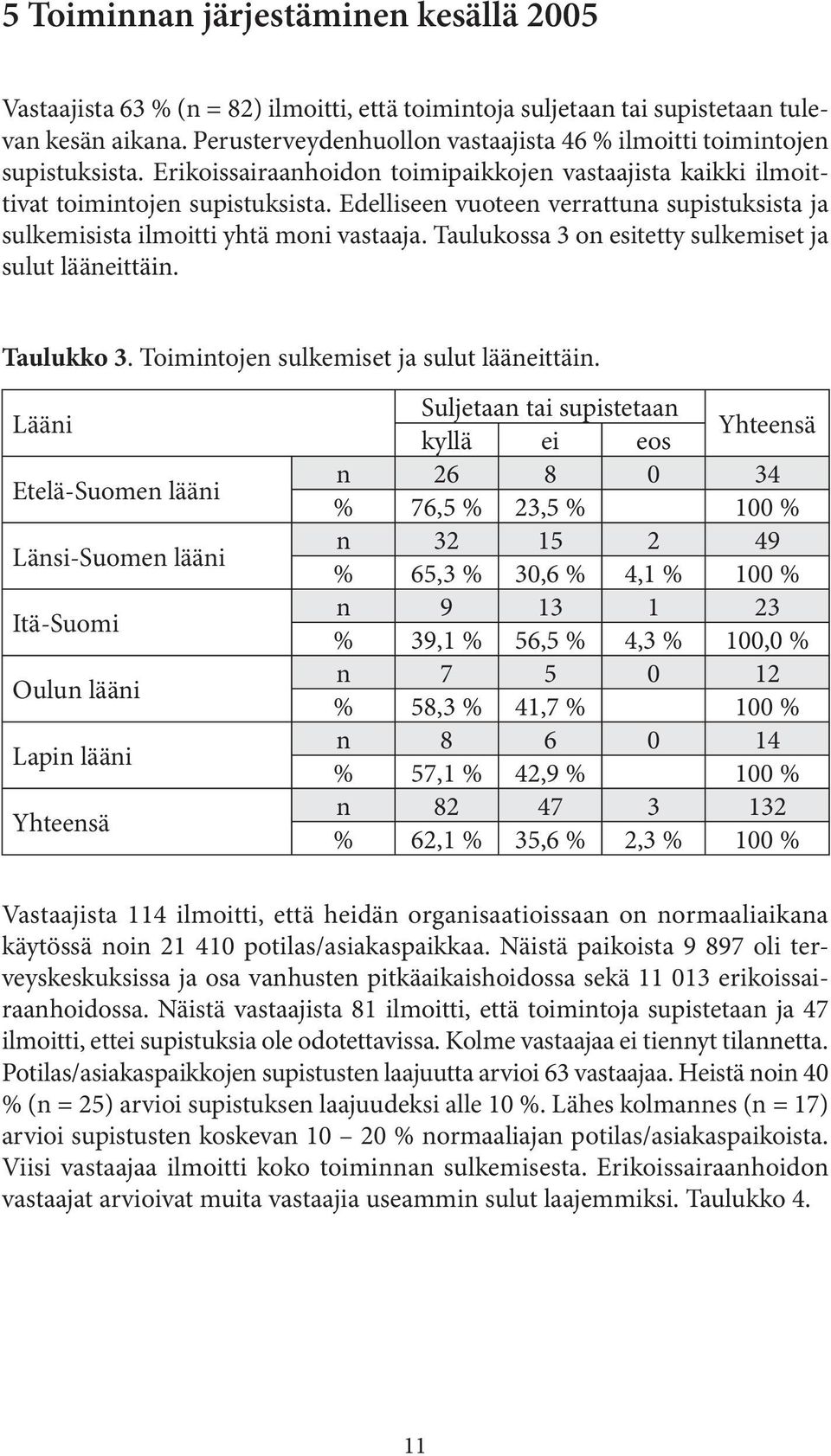 Edelliseen vuoteen verrattuna supistuksista ja sulkemisista ilmoitti yhtä moni vastaaja. Taulukossa 3 on esitetty sulkemiset ja sulut lääneittäin. Taulukko 3.