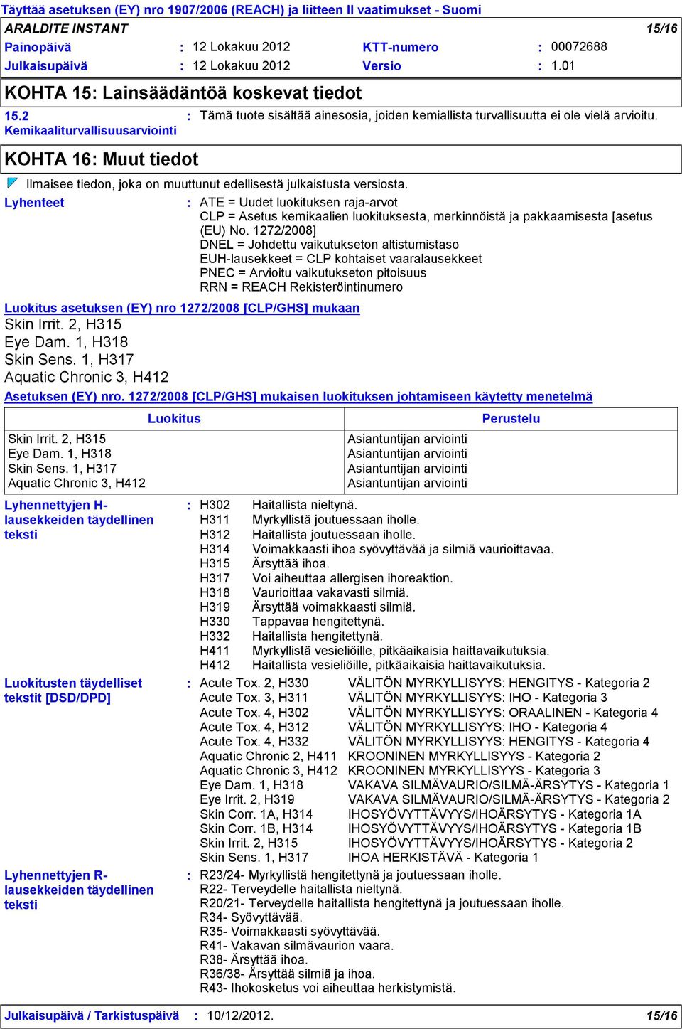 Lyhenteet ATE = Uudet luokituksen raja-arvot CLP = Asetus kemikaalien luokituksesta, merkinnöistä ja pakkaamisesta [asetus (EU) No.