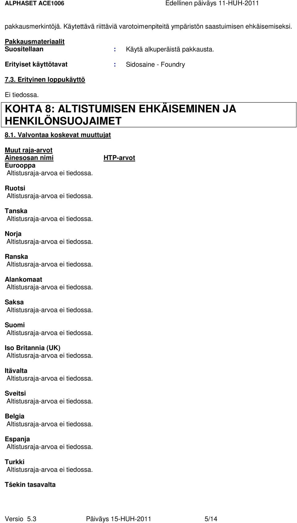 Erityinen loppukäyttö Ei tiedossa. KOHTA 8: ALTISTUMISEN EHKÄISEMINEN JA HENKILÖNSUOJAIMET 8.1.