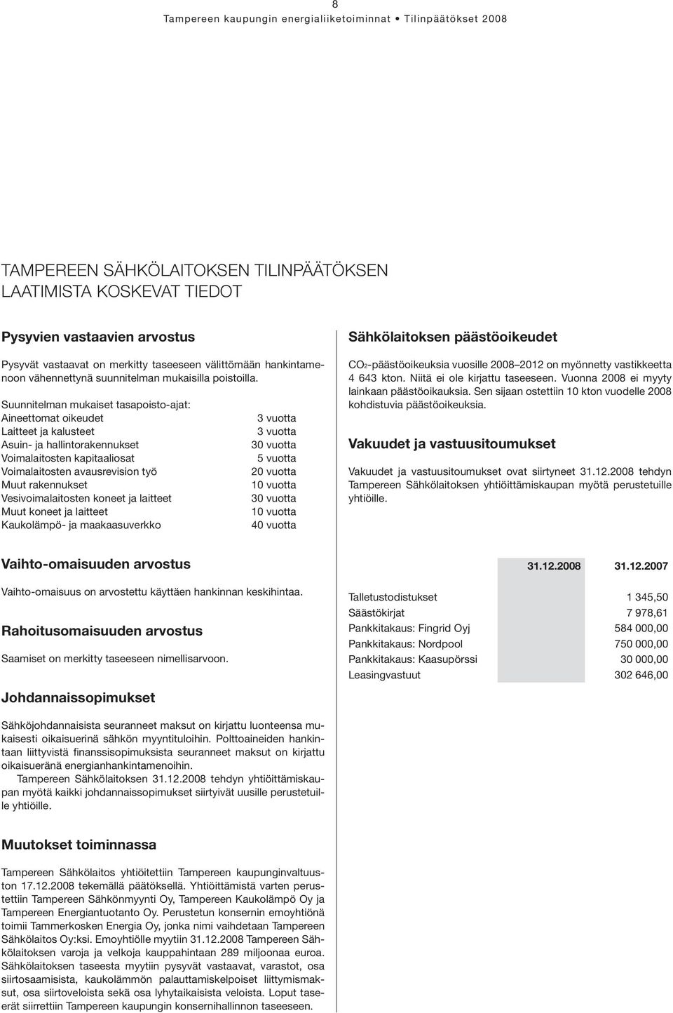 Suunnitelman mukaiset tasapoisto-ajat: Aineettomat oikeudet Laitteet ja kalusteet Asuin- ja hallintorakennukset Voimalaitosten kapitaaliosat Voimalaitosten avausrevision työ Muut rakennukset