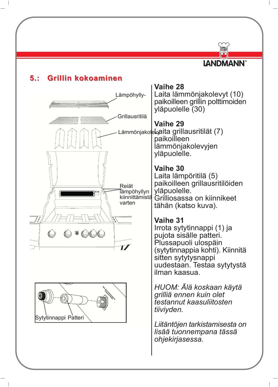 Grilliosassa on kiinnikeet tähän (katso kuva). Vaihe 31 Irrota sytytinnappi (1) ja pujota sisälle patteri. Plussapuoli ulospäin (sytytinnappia kohti).