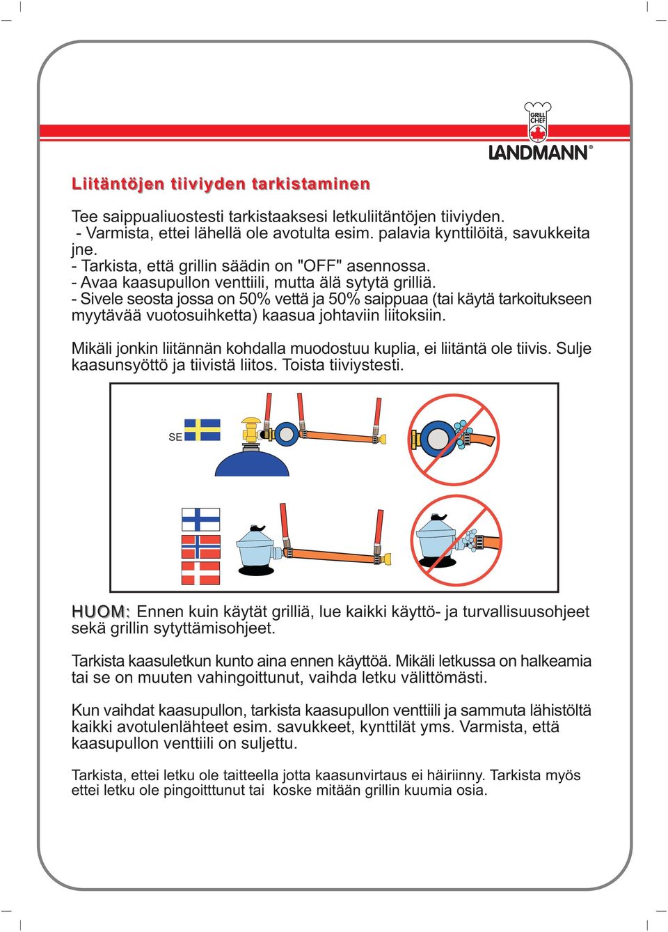 - Sivele seosta jossa on 50% vettä ja 50% saippuaa (tai käytä tarkoitukseen myytävää vuotosuihketta) kaasua johtaviin liitoksiin.