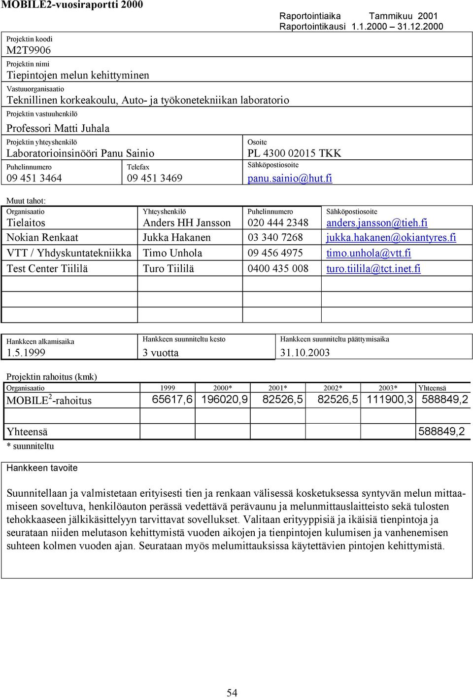 fi Raportointiaika Tammikuu 2001 Raportointikausi 1.1.2000 31.12.2000 Muut tahot: Organisaatio Yhteyshenkilö Puhelinnumero Sähköpostiosoite Tielaitos Anders HH Jansson 020 444 2348 anders.