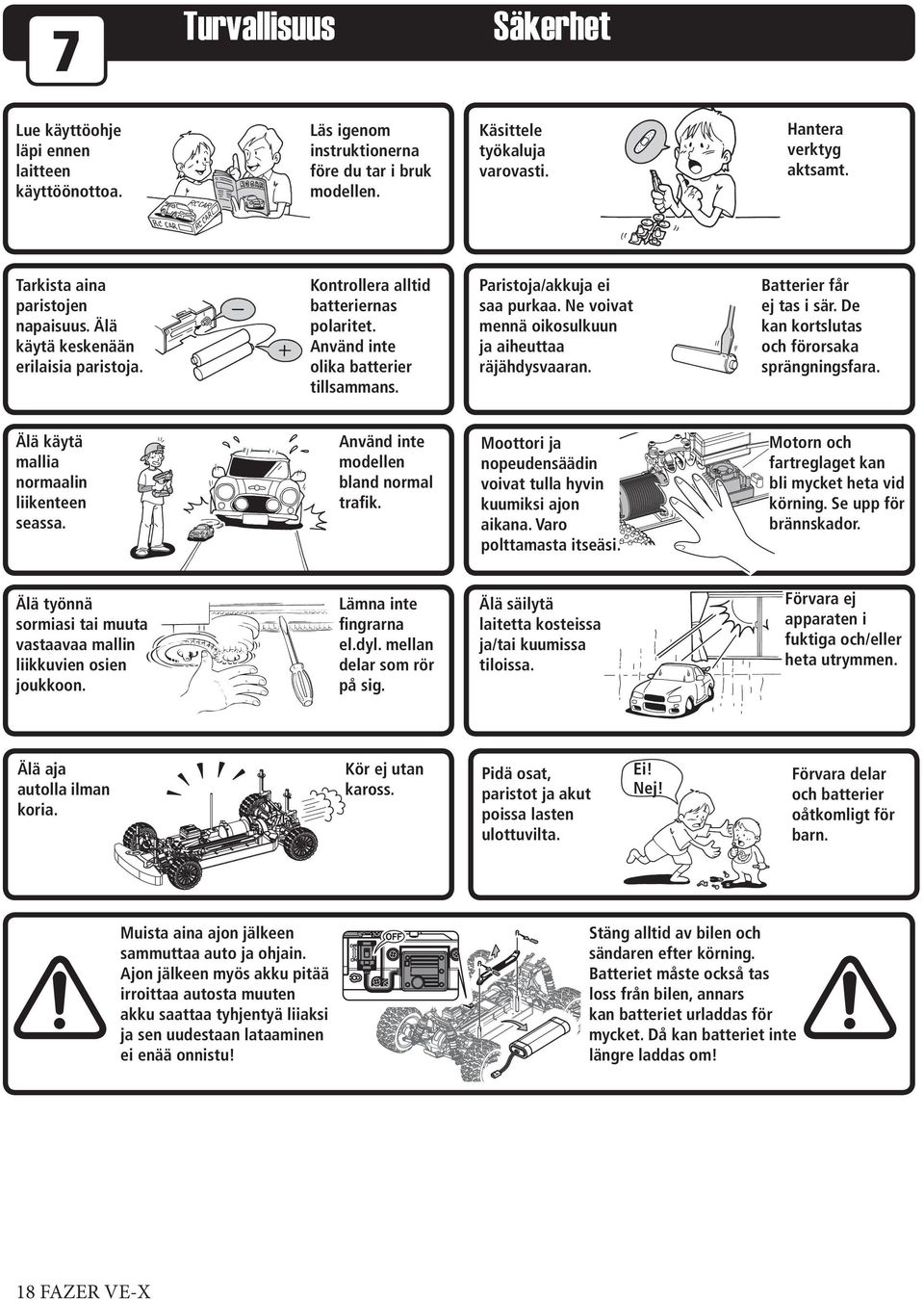 Ne voivat mennä oikosulkuun ja aiheuttaa räjähdysvaaran. Batterier får ej tas i sär. De kan kortslutas och förorsaka sprängningsfara. Älä käytä mallia normaalin liikenteen seassa.