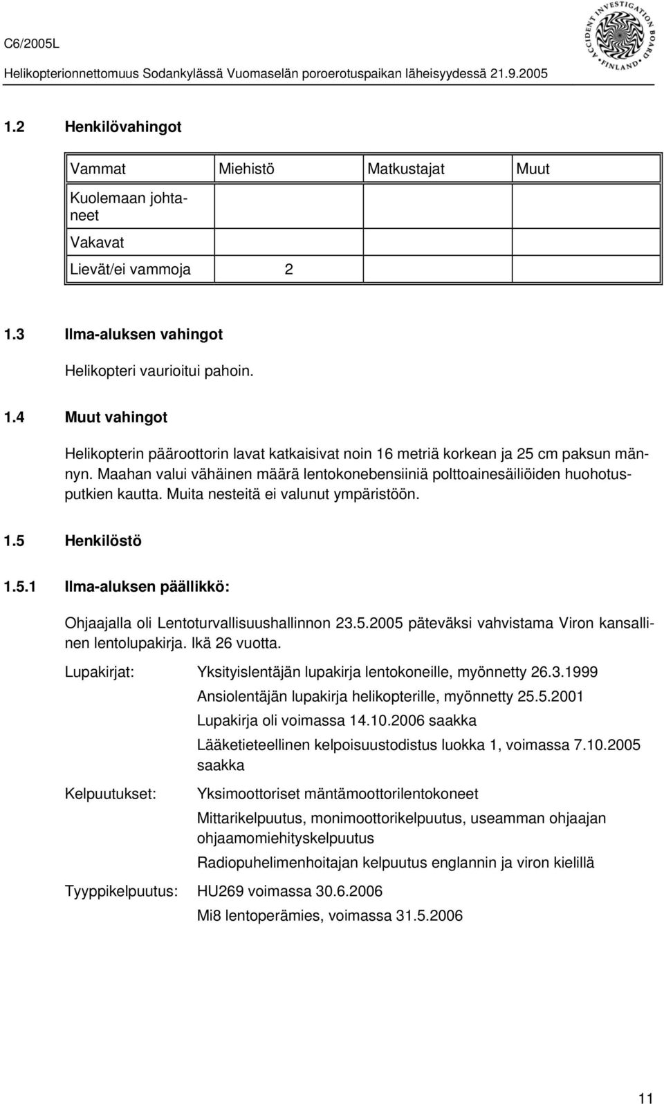 Maahan valui vähäinen määrä lentokonebensiiniä polttoainesäiliöiden huohotusputkien kautta. Muita nesteitä ei valunut ympäristöön. 1.5 