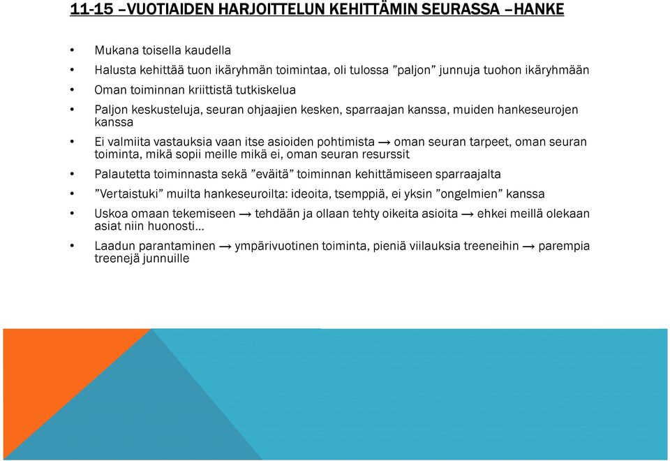 toiminta, mikä sopii meille mikä ei, oman seuran resurssit Palautetta toiminnasta sekä eväitä toiminnan kehittämiseen sparraajalta Vertaistuki muilta hankeseuroilta: ideoita, tsemppiä, ei yksin