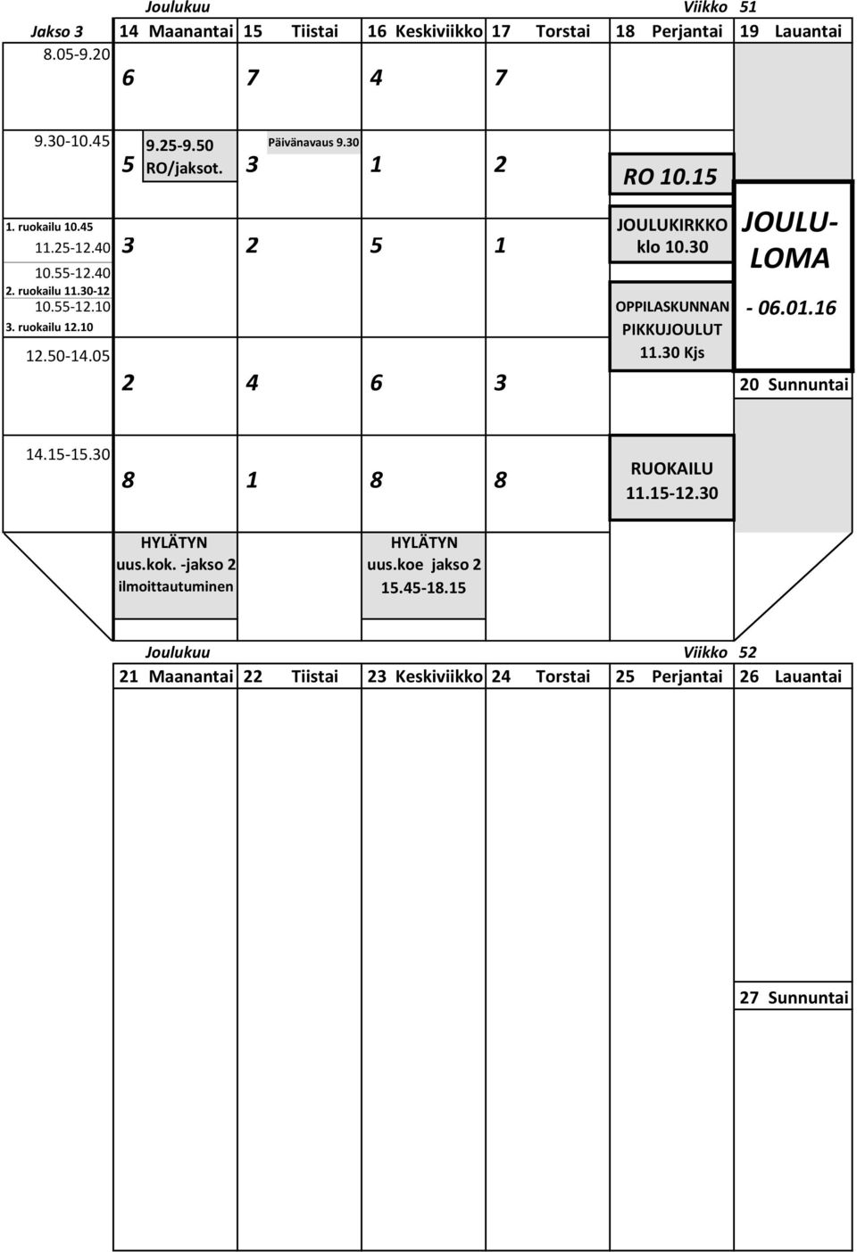 30 Kjs JOULU- LOMA - 06.01.16 2 4 6 3 20 Sunnuntai RUOKAILU 11.15-12.30 HYLÄTYN uus.kok.