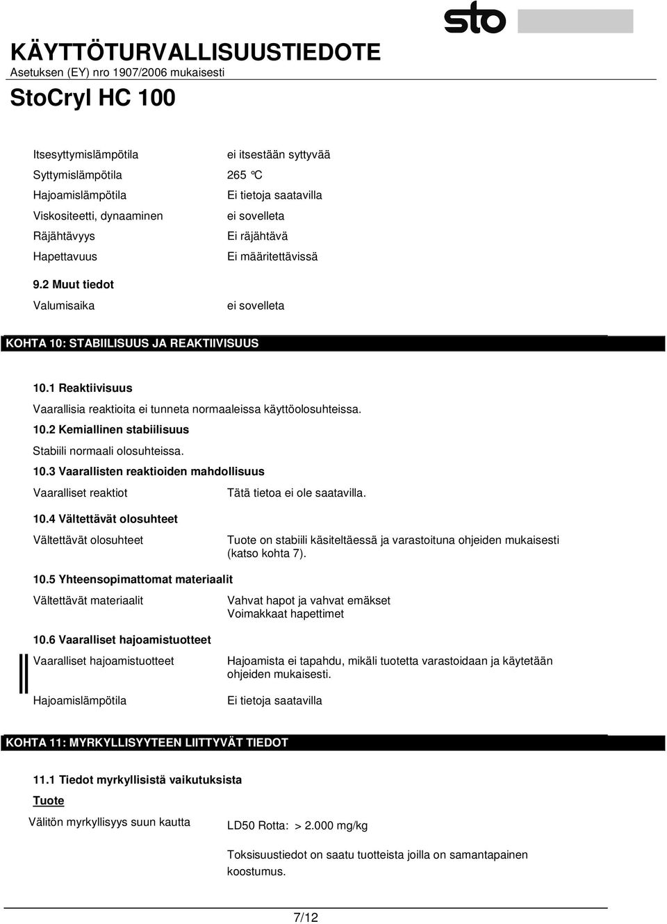 10.3 Vaarallisten reaktioiden mahdollisuus Vaaralliset reaktiot Tätä tietoa ei ole saatavilla. 10.