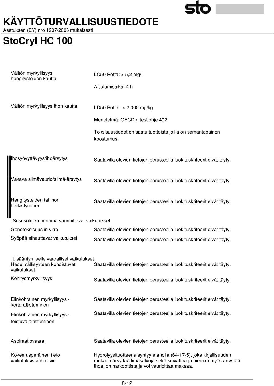 Ihosyövyttävyys/ihoärsytys Vakava silmävaurio/silmä-ärsytys Hengitysteiden tai ihon herkistyminen Sukusolujen perimää vaurioittavat vaikutukset Genotoksisuus in vitro Syöpää aiheuttavat vaikutukset